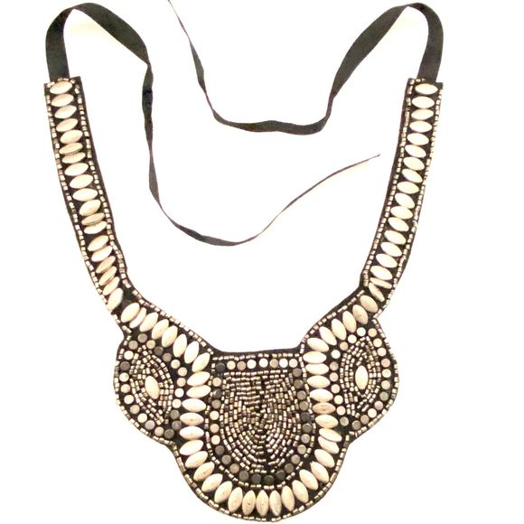 Egyptian Revival Style Beaded Collar Marquise Discs Cylinders Silver Tone Black - Picture 2 of 14